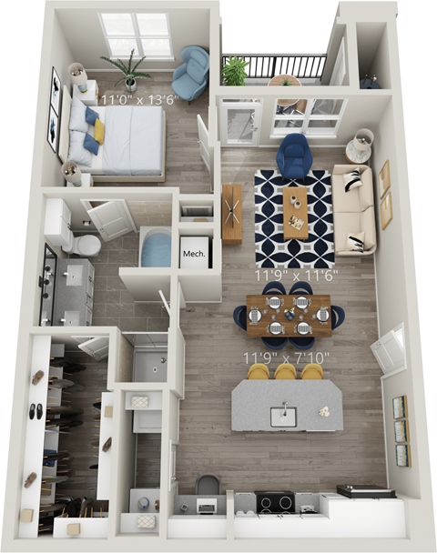 A6 - Luxury one bedroom apartment with living room kitchen with island bathroom with bathtub walk in closet and patio with storage
